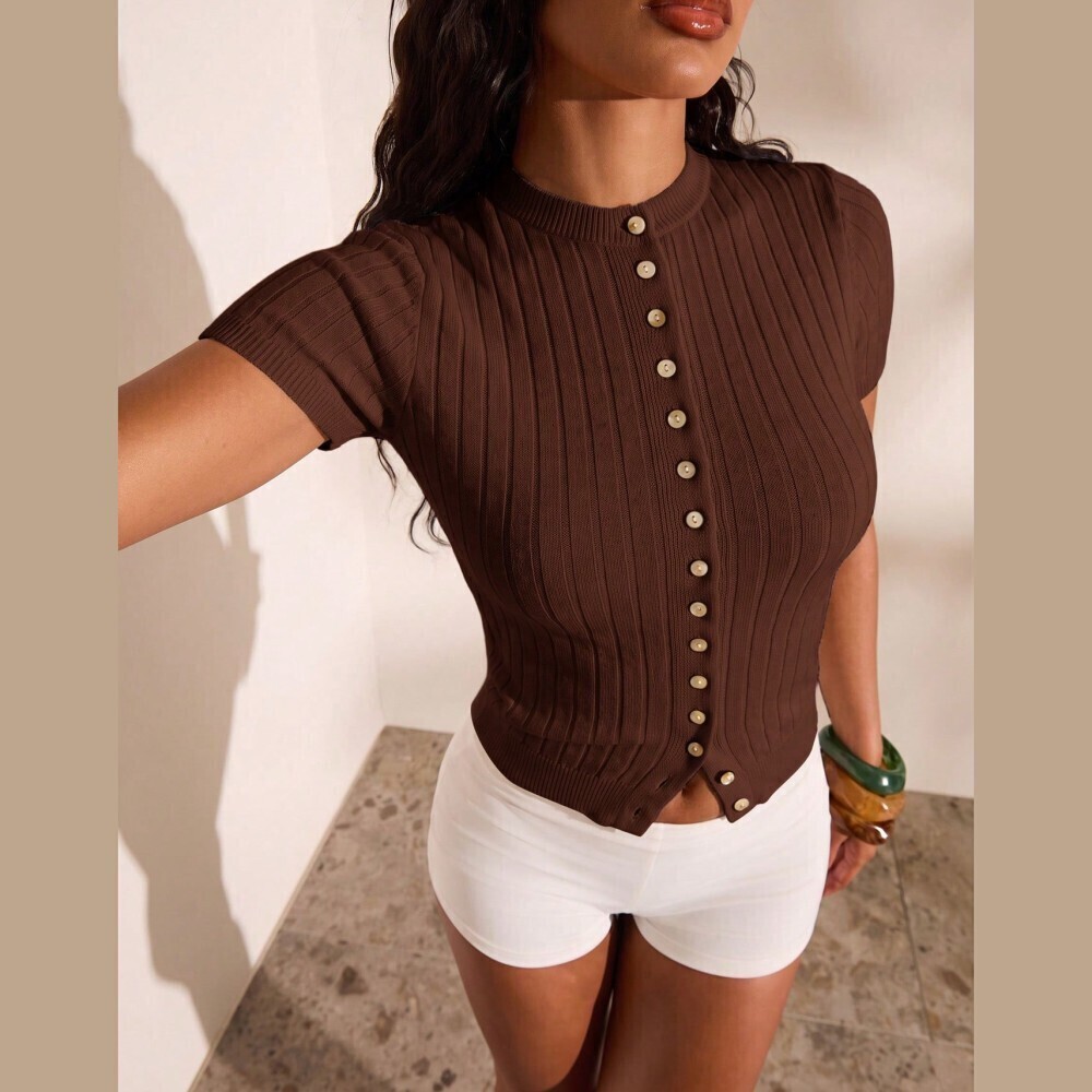 Brown Ribbed Knit Button Front Short Sleeve Fitted Cardigan Top